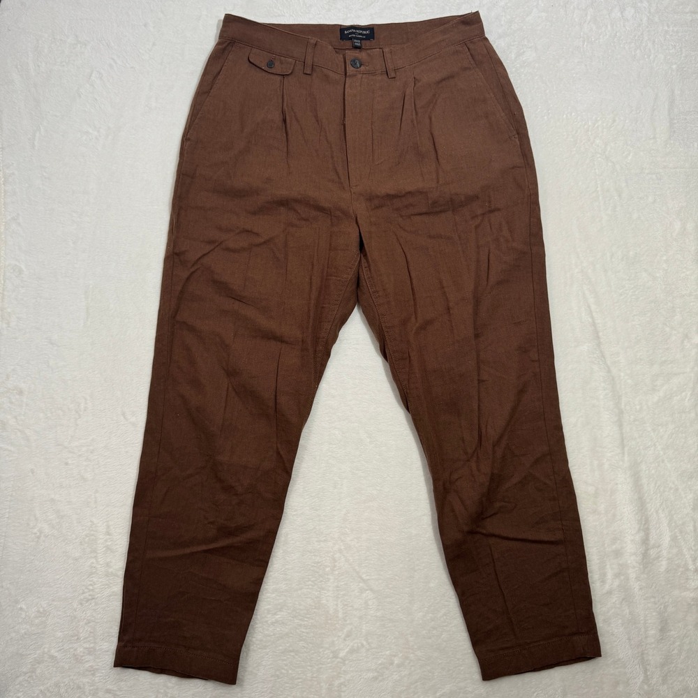 Banana Republic Trousers Mens Brown Relaxed Tapered Fit Linen Cotton Pleated
